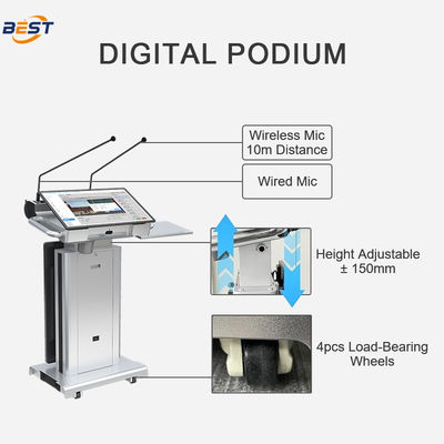 Podio multimedia eléctrico con AIO táctil de 23.6 pulgadas y lector inteligente de acero inoxidable y aluminio de aviación