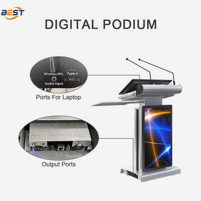 Podio multimedia eléctrico con AIO táctil de 23.6 pulgadas y lector inteligente de acero inoxidable y aluminio de aviación