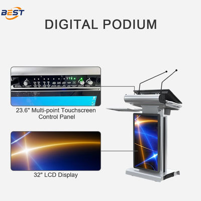 Podio multimedia eléctrico con AIO táctil de 23.6 pulgadas y lector inteligente de acero inoxidable y aluminio de aviación