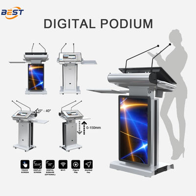 Podio multimedia eléctrico con AIO táctil de 23.6 pulgadas y lector inteligente de acero inoxidable y aluminio de aviación