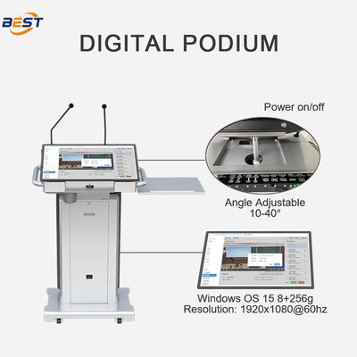 Podio multimedia inteligente con ángulo de pantalla ajustable de 10 a 40°, altura de elevación máxima de 150 mm y pantalla de quiosco inteligente opcional de 32 pulgadas
