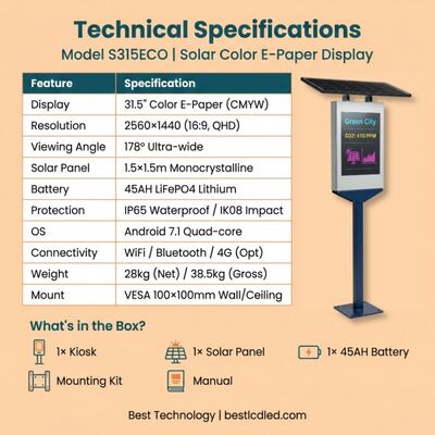 Pantalla de papel electrónico CMYKW de 31,5 pulgadas con protección IP65 para señalización solar al aire libre