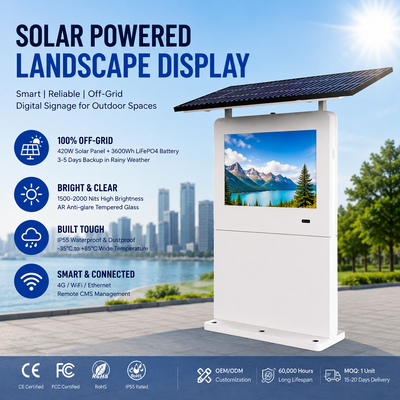 Cartelera digital para exteriores con energía solar con brillo de 2000 nits, batería LiFePO4 de 3600 Wh y certificación IP55