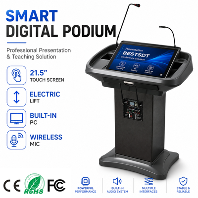 Podio digital inteligente elevador motorizado de 21,5 pulgadas pantalla táctil capacitiva altavoz integrado micrófono inalámbrico