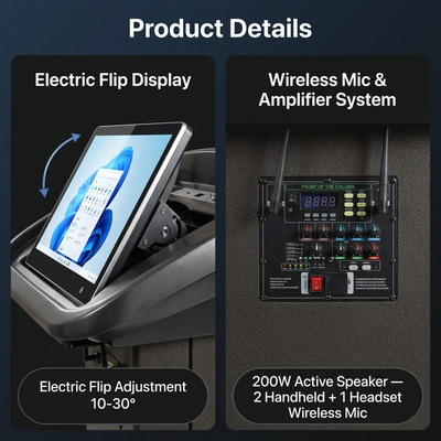 Podio digital inteligente elevador motorizado de 21,5 pulgadas pantalla táctil capacitiva altavoz integrado micrófono inalámbrico