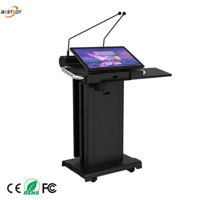 Podio inteligente negro de alto brillo, pantalla táctil PCAP 4K de 23,6 pulgadas, atril de señalización frontal de 32 pulgadas para conferencias