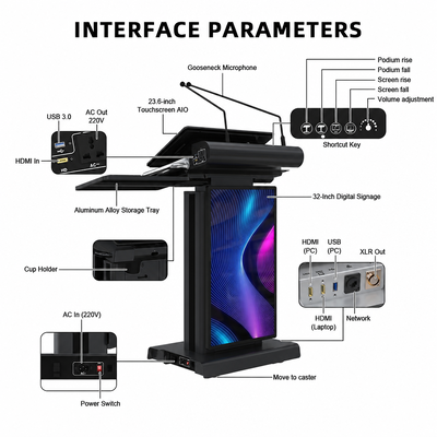 Atril digital negro, elevador eléctrico de 730 x 500 x 1050 mm, podio de metal de 200 mm con interfaz HDMI USB XLR