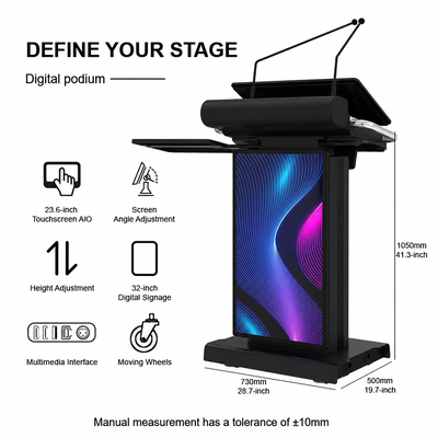 Atril digital negro, elevador eléctrico de 730 x 500 x 1050 mm, podio de metal de 200 mm con interfaz HDMI USB XLR