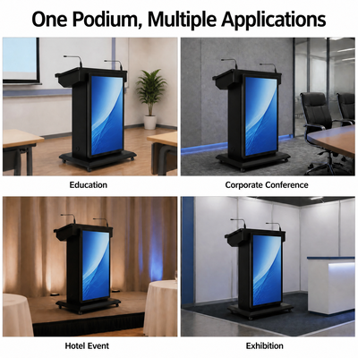 Display de pantalla doble Smart Podium HDMI Entrada USB Multi Display 2 Micrófonos de cuello de ganso Apoyo PA