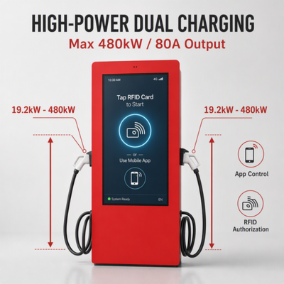 Cargador de Vehículos Eléctricos AC Nivel 2 de 19.2kW SAE J1772 Pantalla Publicitaria LCD para Exteriores OCPP 1.6J Estándar de EE. UU. 80A