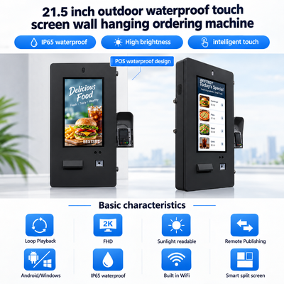 Quiosco de autoservicio de 21,5 pulgadas montado en la pared para exteriores, pantalla táctil IP65 impermeable para pedidos de menú en restaurantes